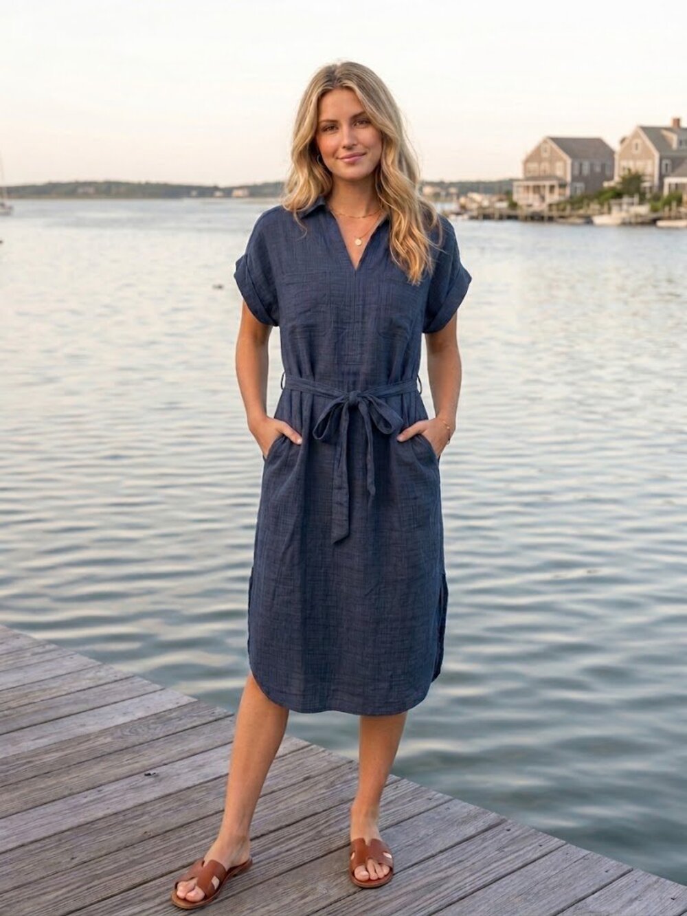 MAX STUDIO Short Sleeve Collared V-Neck Midi Shirt Dress w/ Tie Waist - S - NWT